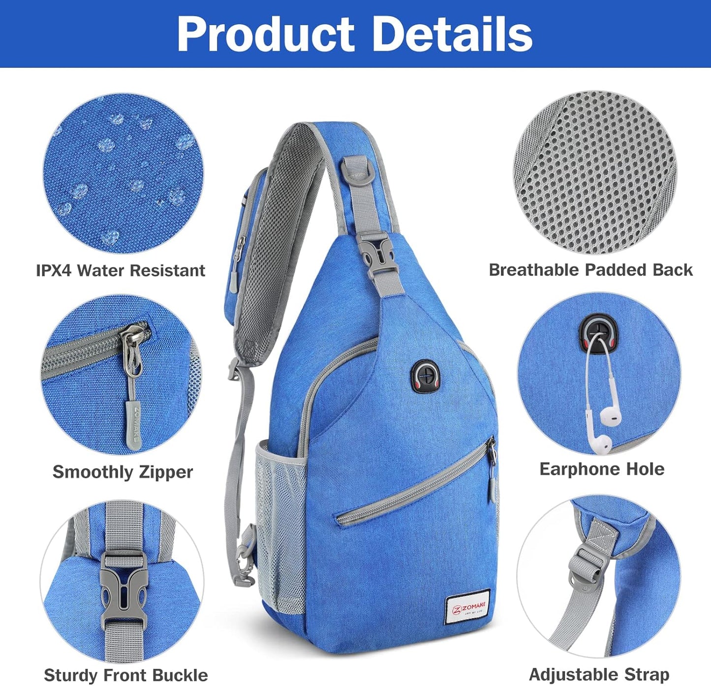 ZOMAKE Sling Bag,Small Crossbody Sling Backpack,Water Resistant Shoulder Daypack for Travel,Anti Thief Chest Bag for Hiking(Blue)