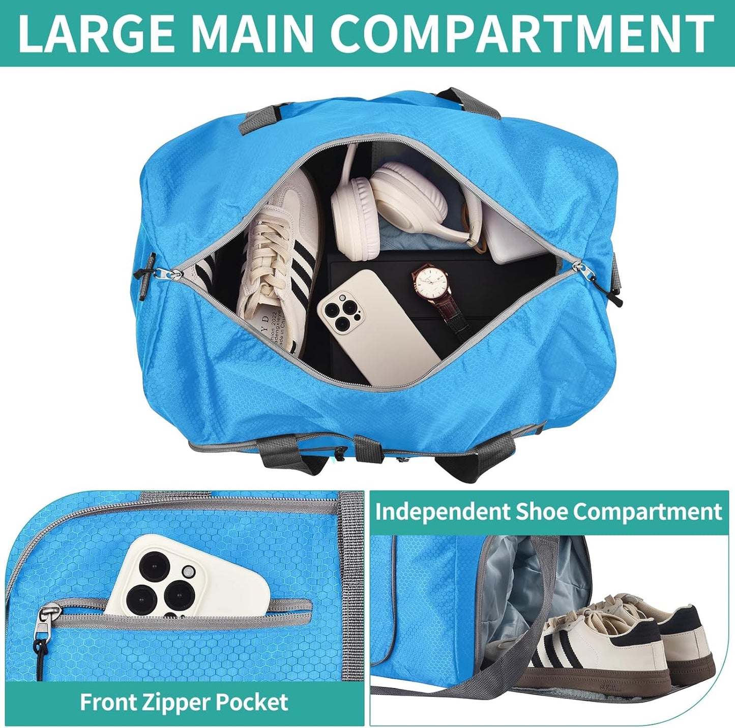 Dimayar Travel Duffle Bag for Men Women - Foldable Duffel Bag with Shoes Compartment - Overnight Bags Waterproof & Tear Resistant(40L,Light Blue)