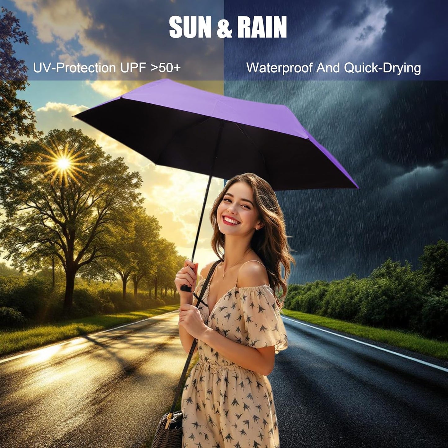 SoulRain 42" Travel Sun & rain Umbrella, Lightweight Windproof Umbrella, Portable Lightweight Compact Parasol with 99% UV Protection for women and men