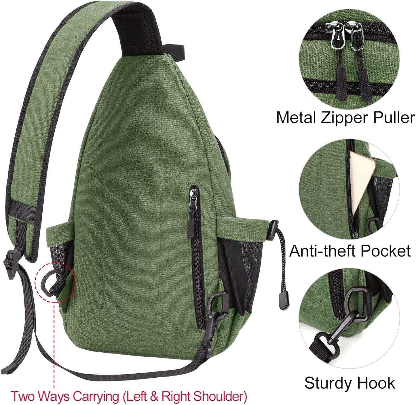 MOSISO Sling Backpack,Canvas Crossbody Hiking Daypack Bag with Anti-theft Pocket, Army Green
