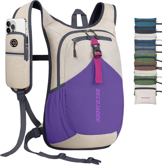 20L Small Hiking Backpack for Men Women Foldable Packable Back Pack Ultralight Hiking Daypack for Travel Camping Outdoor, Beige Purple