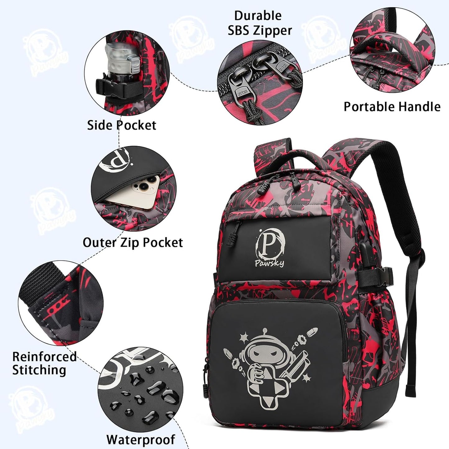 School Backpack with USB Charging Port for Teen Boys, Anime Luminous Backpack College School Bookbag Lightweight Laptop Bag with Sling Bag Set, Red
