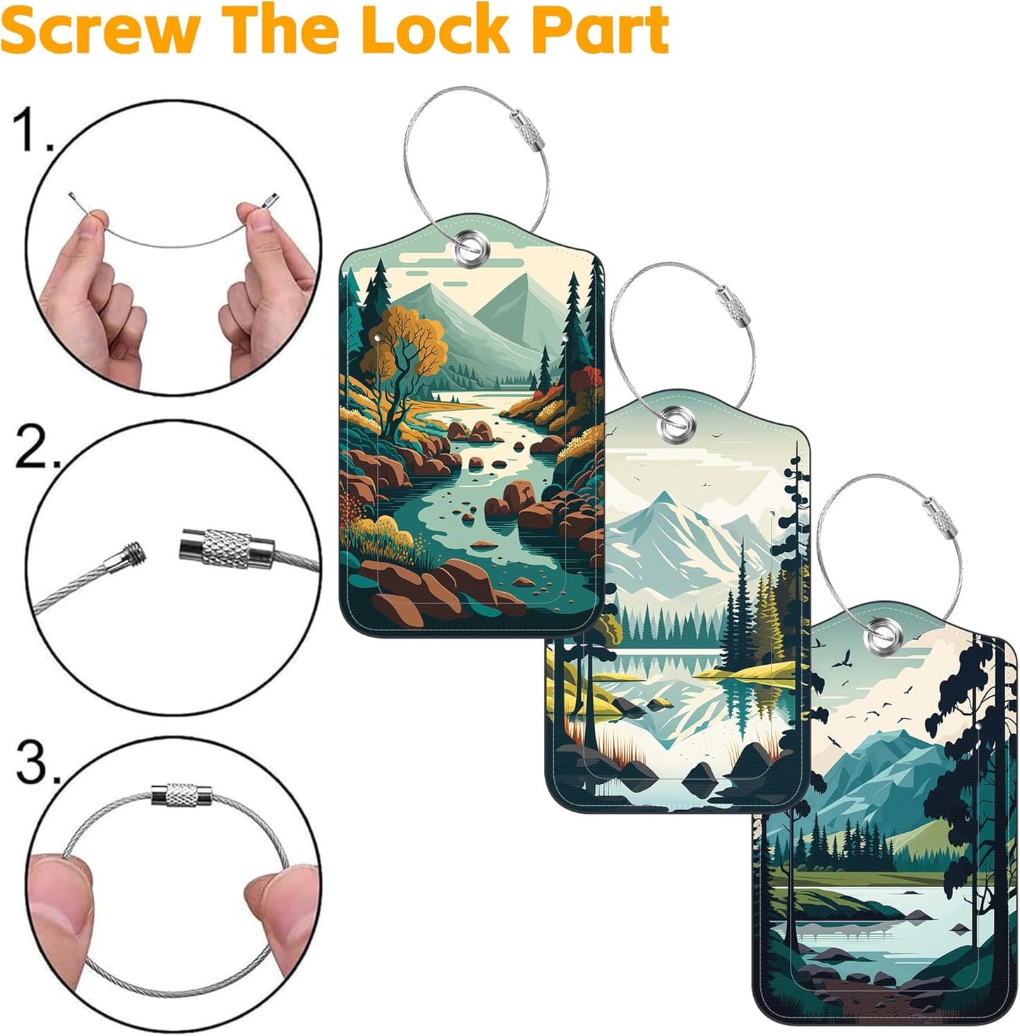 3 Pack Luggage Tag for Suitcase Mountain Lake Scenery Leather Travel Cruise Luggage Tag with Stainless Steel Loop Name ID Label Privacy Cover for Adults Teens Travel Bag Labels Set