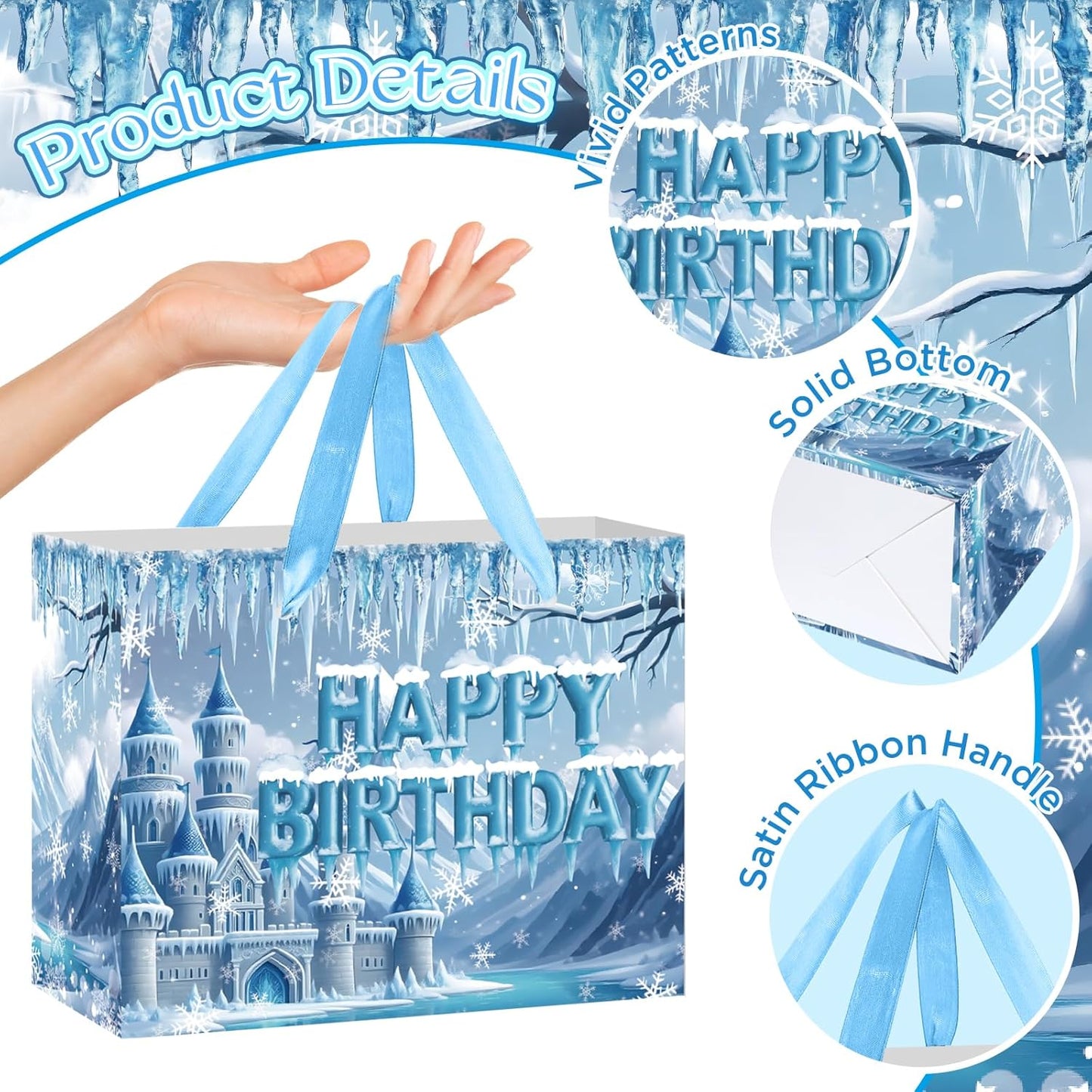 Frozen Birthday Gift Bag with Greeting Card and Tissue Paper Large Snow Frost Castle Party Favor Bags Frozen Birthday Wrapping Paper Bags Treat Candy Bags with Handle for Bday Christmas Winter Gift
