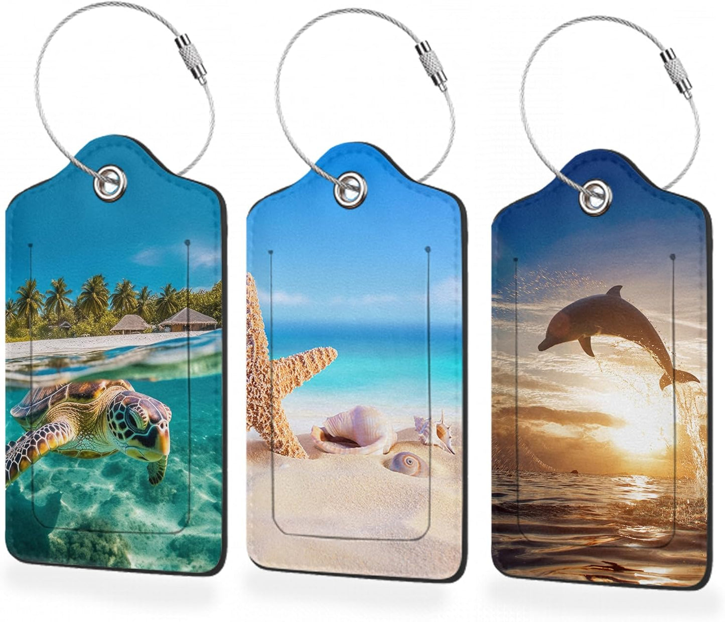 Sea Turtle Dolphin Starfish 3 Pack PU Leahter Luggage Tag,Marine Animal Leather Suitcase Tags with Privacy Cover Name Address Labels and Metal Ring,Quickly Spot for Bags