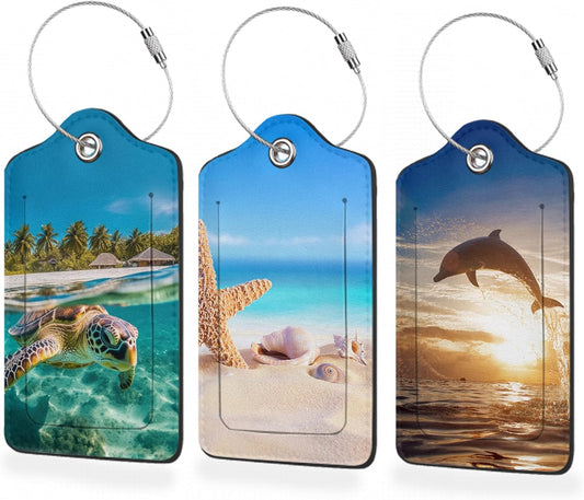 Sea Turtle Dolphin Starfish 3 Pack PU Leahter Luggage Tag,Marine Animal Leather Suitcase Tags with Privacy Cover Name Address Labels and Metal Ring,Quickly Spot for Bags