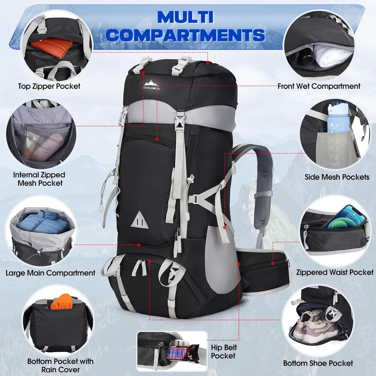 IGOLUMON 60L Hiking Backpack Waterproof Camping Backpack with Rain Cover Large Lightweight Backpacking Backpack for Men Women