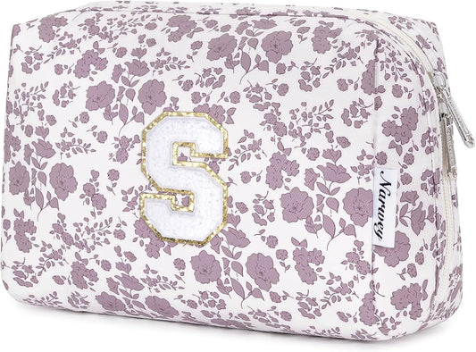Narwey Birthday Gifts for Teen Girls Kids Women Personalized Initial Floral Makeup Bag Cute Cosmetic Trendy Stuff 6 8 10 11 12 13 14 16 18 Years Old Travel Toiletry Bag (Little Dusty Pink Flower S)