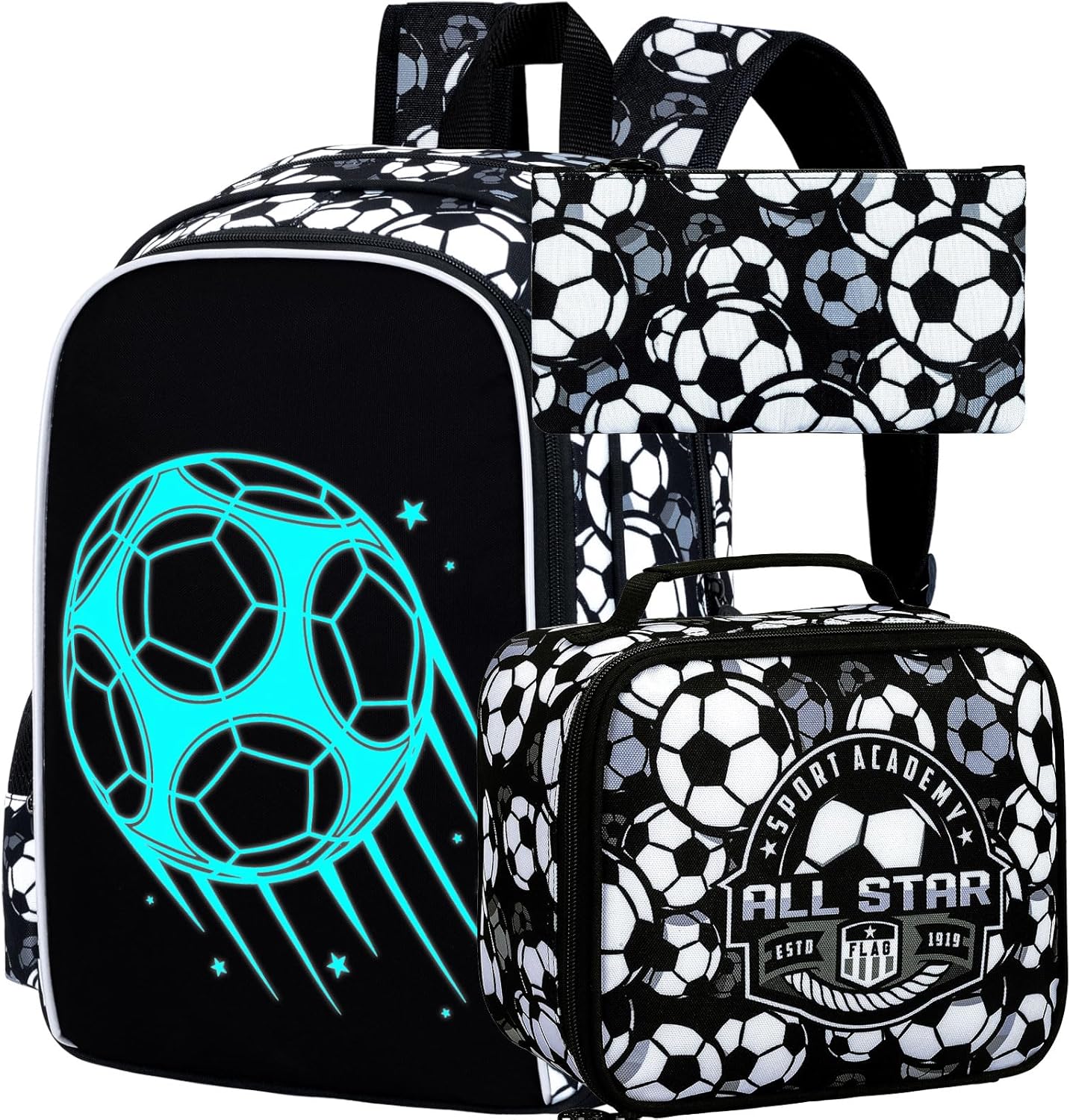 3Pcs Glow in The Dark Soccer Backpack for Boys, 17 Inches Football School Bookbag Set for Teens, Laptop Backpacks with Lunch Bag(Black)