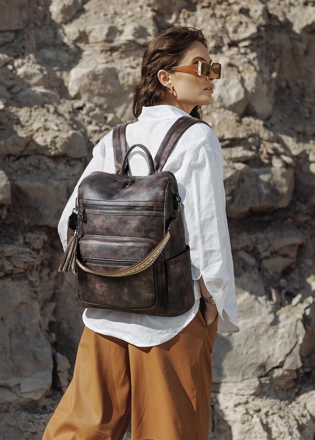 Shrrie 15.6 inch Laptop Backpack for Women,Large Leather Backpack Purse,Travel,Carry on,Water Resistant Casual Laptop Backpacks,College Backpack,Work Backpack for Women,Two-toned Coffee