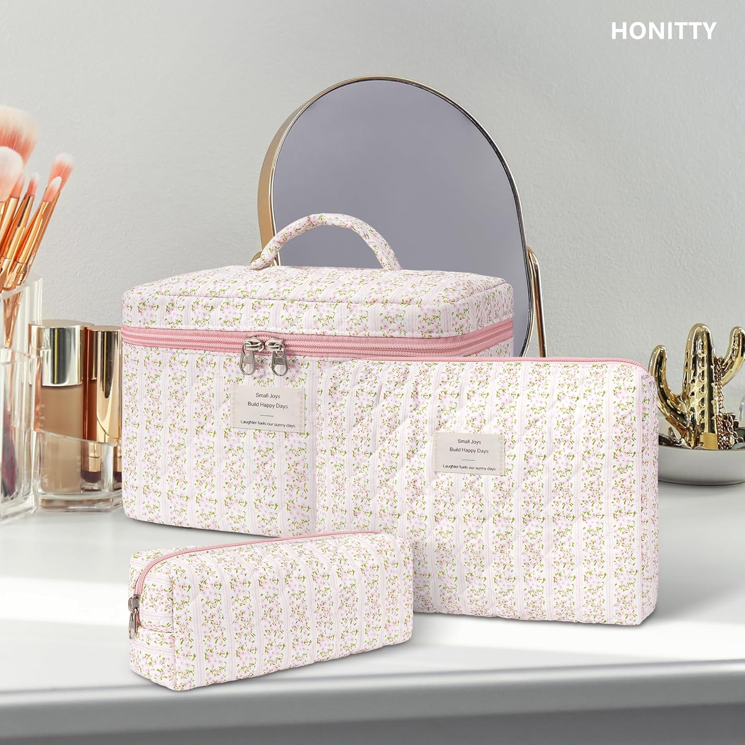 Makeup Bag,Quilted Cosmetic Bags,Large Floral Make Up Organize bag,Makeup Bag Set for Women,Flower