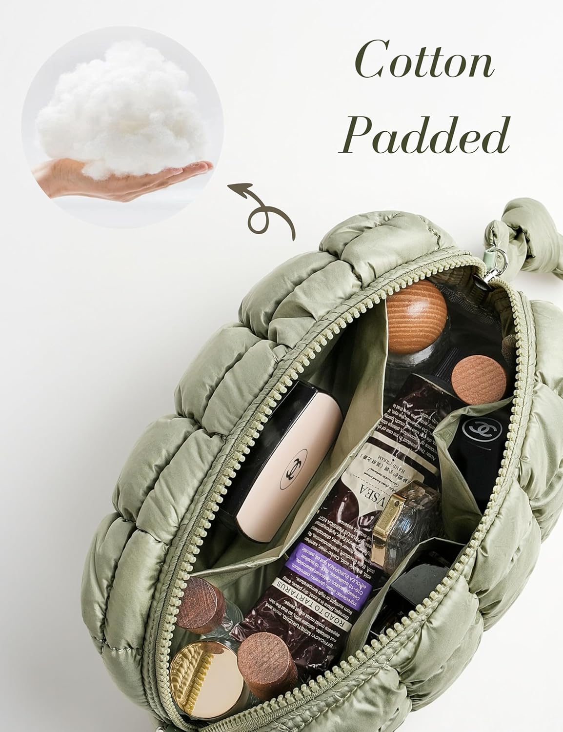 Yarnic Quilted Makeup Bag Cosmetic Bag, Travel Toiletry Bag for Women, Cute Makeup Bag Organizer Puffer Makeup Pouch (M, Sage Green)