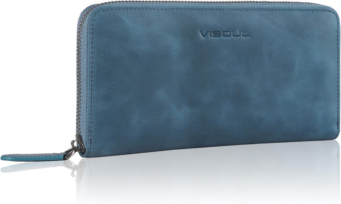 VISOUL Leather Long Zipper Pouch Wallet for Men and Women with RFID Blocking, Large Clutch Cash Long Wallet with Zipper (Navy Blue)