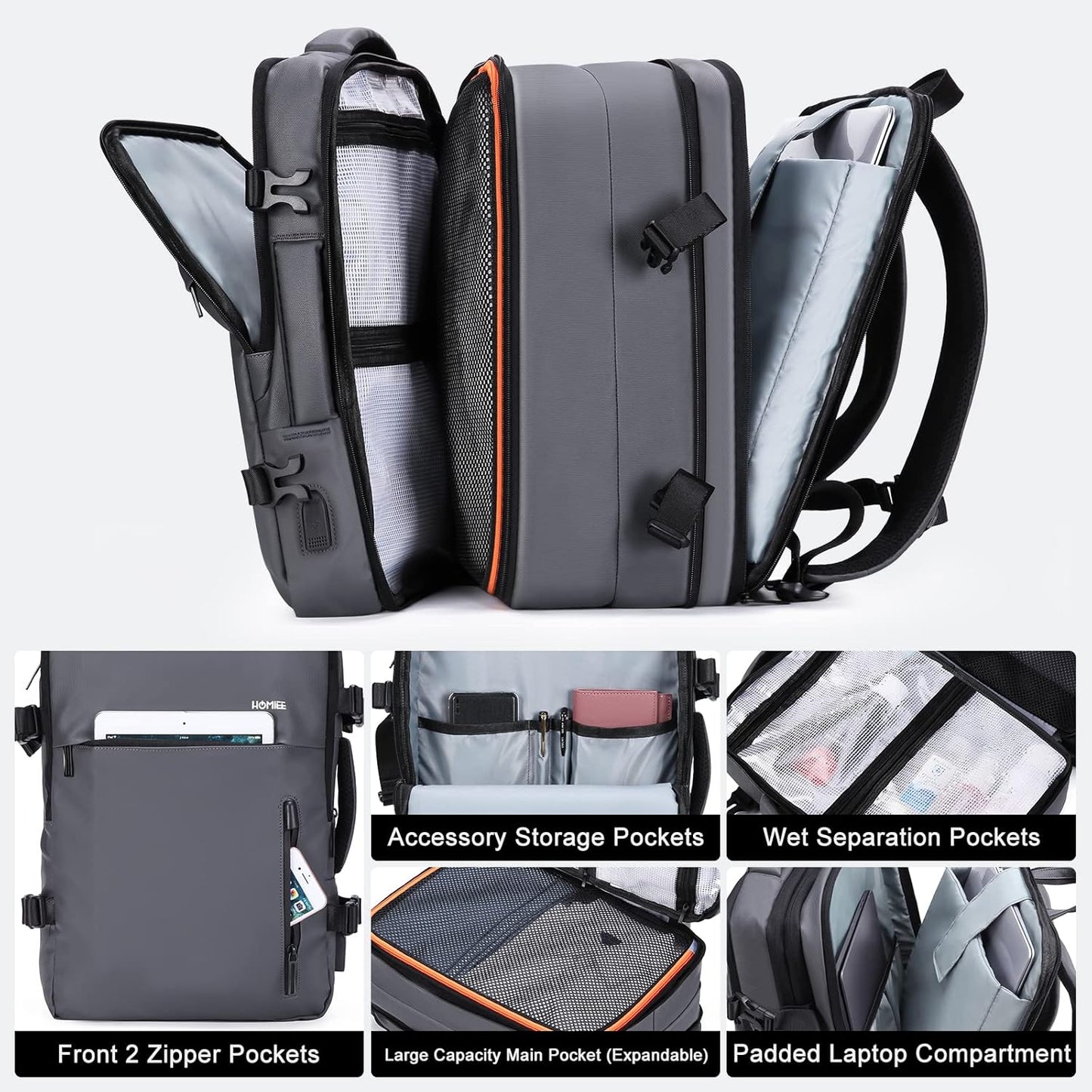 HOMIEE Carry on Backpack Extra Large Travel Bag, Expandable Hand Luggage Suitcase Anti-Theft Business Backpack, Water Resistant Lightweight Weekender Bag, Grey