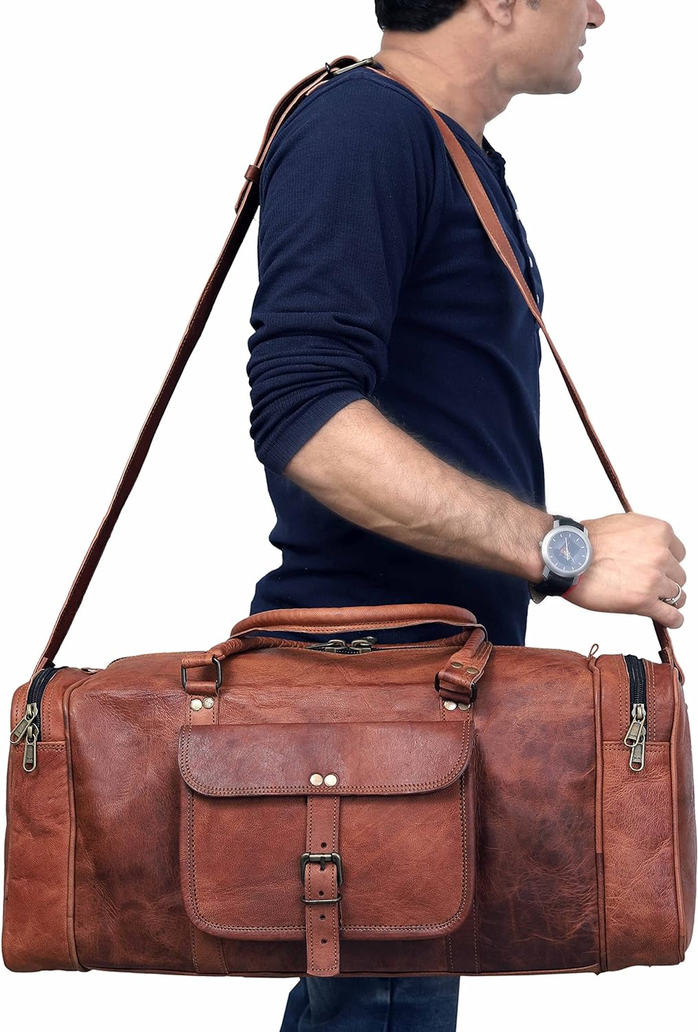 24 Inch Large Leather Duffel Travel Duffle Gym Sports Overnight Weekender Bag (brown)