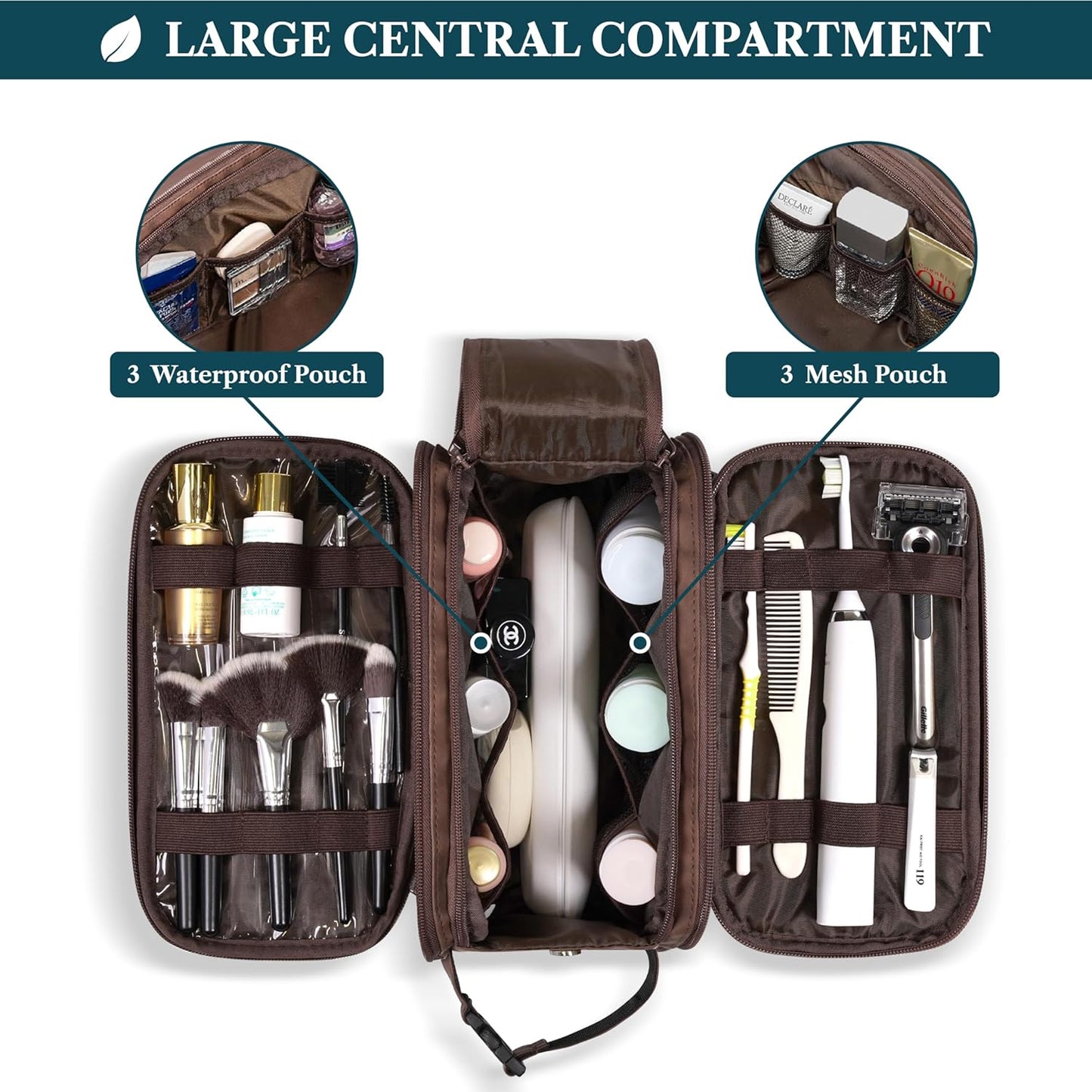 PAVILIA Large Toiletry Bag for Men Women, Mens Travel Bag Toiletries Organizer Case for Grooming, Travel Essentials Shaving Dopp Kit, PU Leather Water Resistant Cosmetic Pouch, Dark Brown