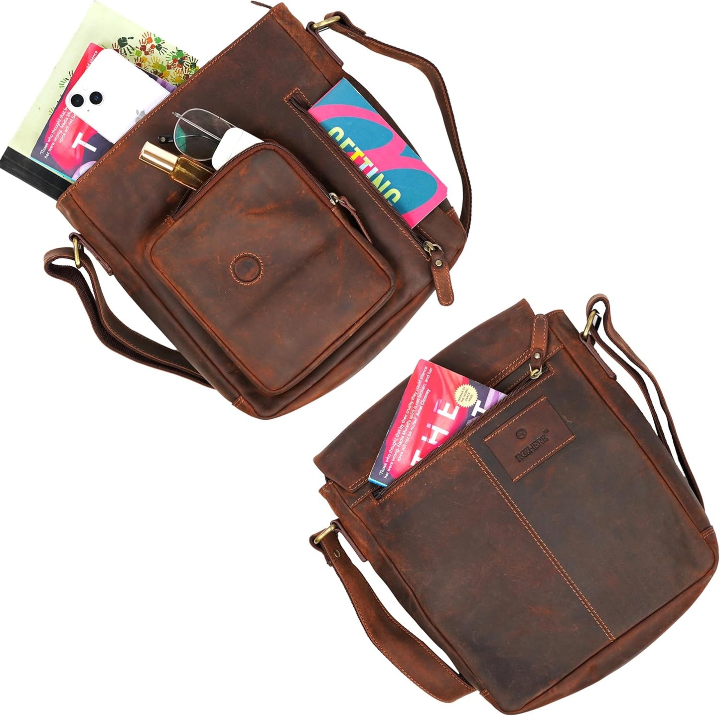 Vintage Leather Messenger Sling Bag – Premium Crossbody Satchel with Curved Flap, Zipper Closure, Adjustable Strap – Stylish Travel & Work Bag for Men & Women
