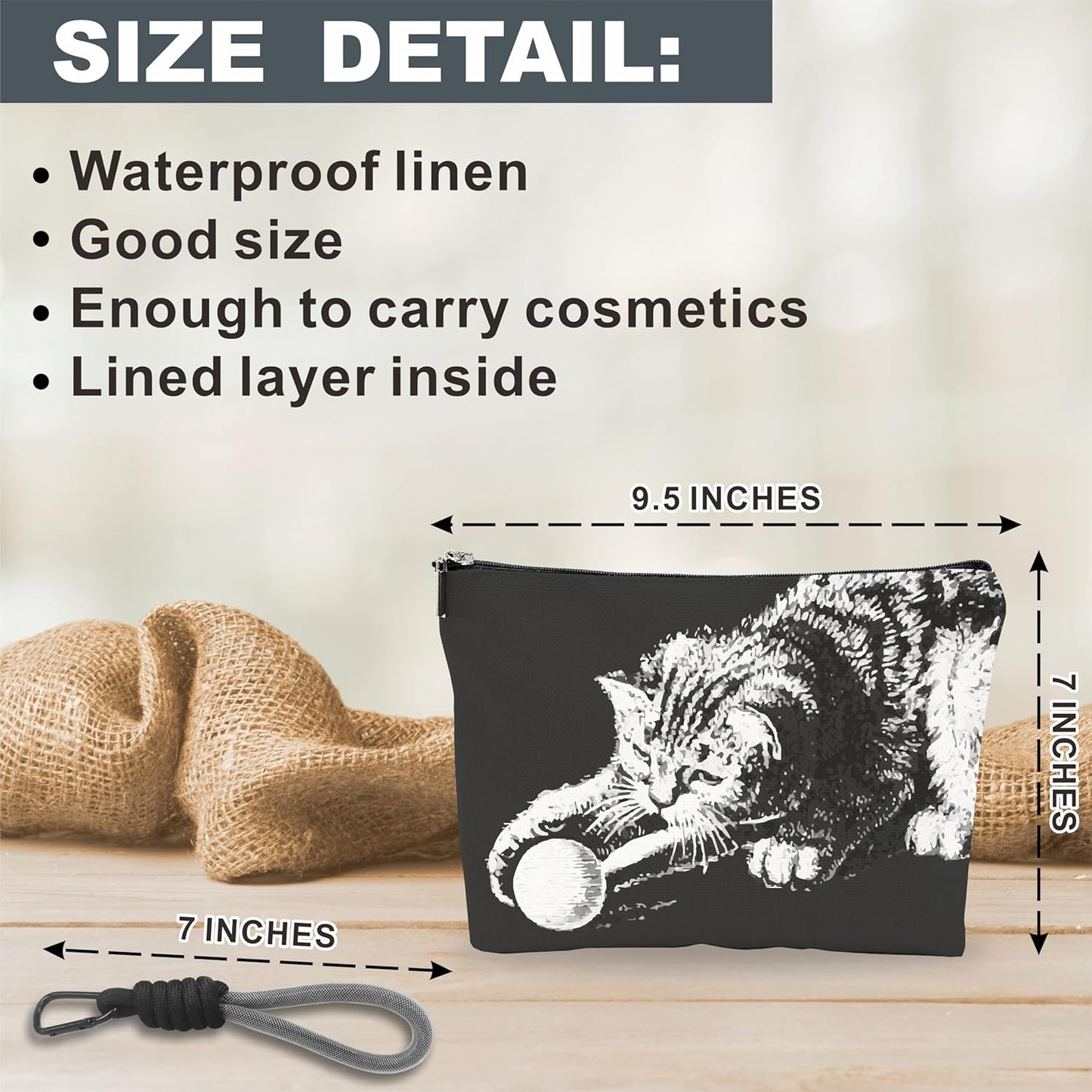 Gothic Make Up Bag, Cosmetic Bag With Hand Strap - Hand Drawn Cat Playing - Lined Toiletry Bag - Travel Pouch, Black Organizer With Zipper, Women Essentials & Accessories - A15