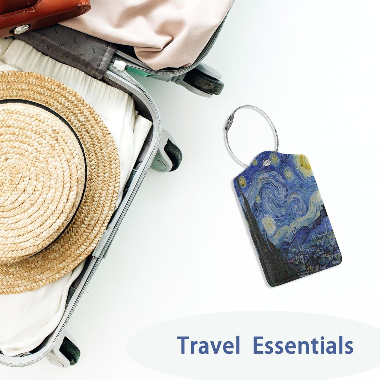 2Pcs Luggage Tag for Suitcase Starry Night by Van Gogh Cute Suitcase Tag with Privacy Flap & Name ID Label & Metal Loop, Travel Bag Luggage Tags for Women