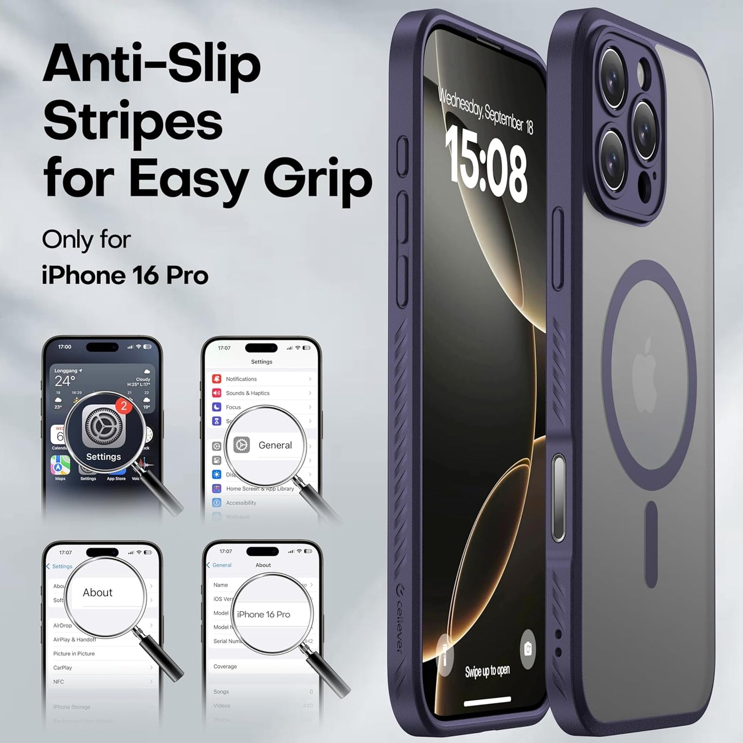 CellEver Strong Magnetic for iPhone 16 Pro Case with Camera Control Capture Button [Camera Protection] [Military Drop Protection] [Compatible with MagSafe] Slim Translucent Matte Cover, Deep Purple