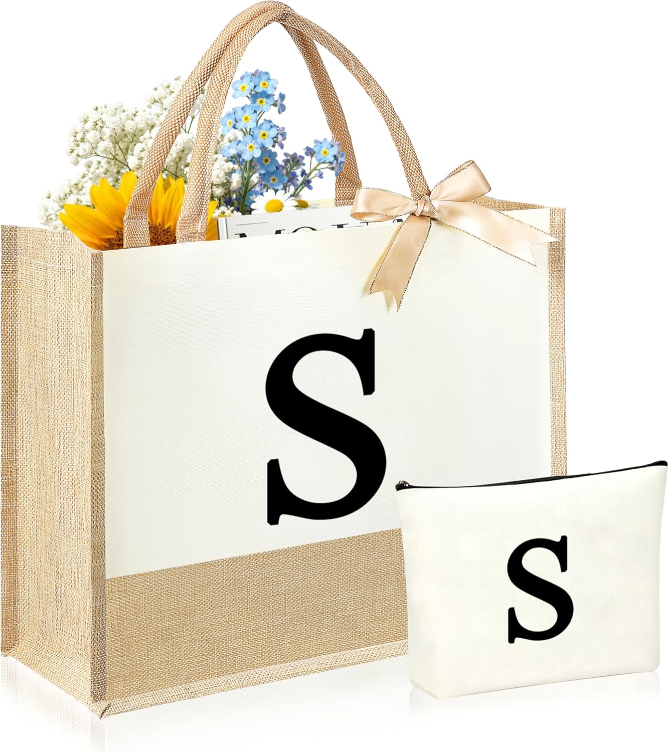 Initial Canvas Tote Bag & Makeup Bag for Women Teacher Bridesmaids，Personalized Present for Wedding, Birthday, Beach