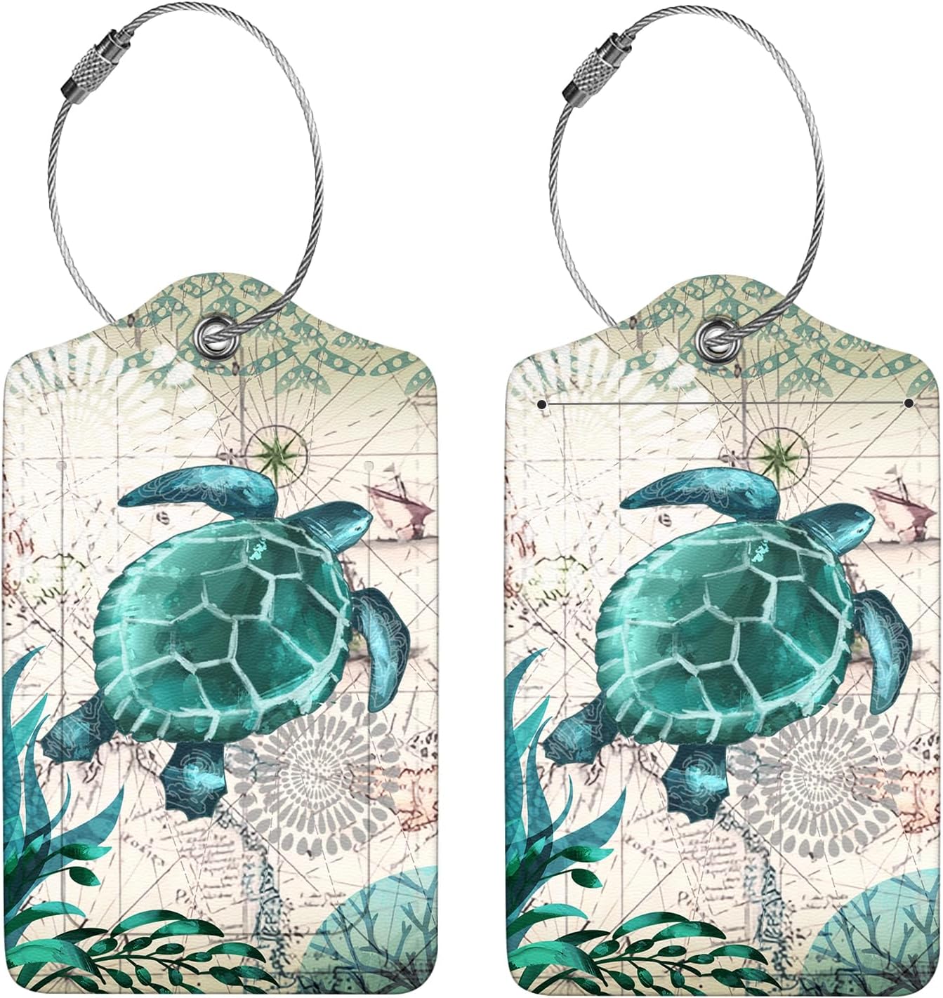 2 Pcs Luggage Tags for Suitcase, Cute Unique PU Leather Travel Bag Tag with Privacy Cover ID Label Address Card and Durable Metal Ring Suitable for Men Women Children Backpack, Turtles