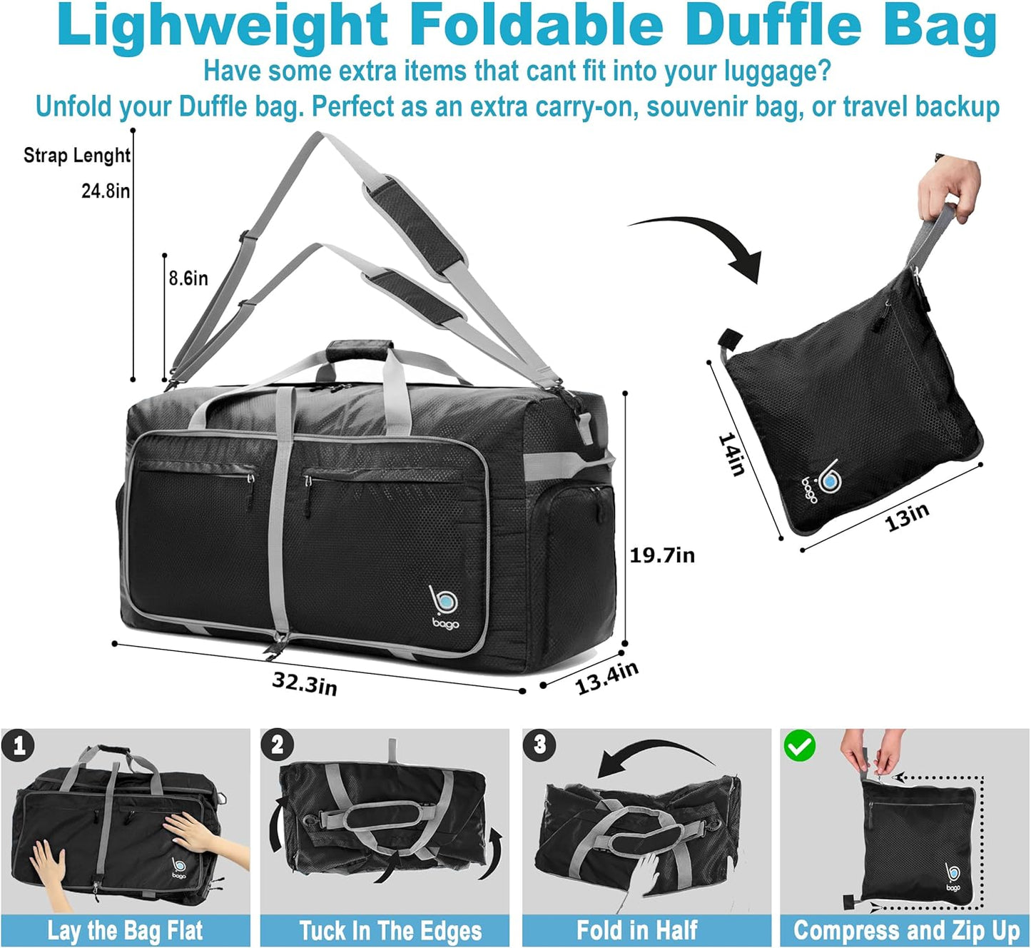 Bago Big XXL Foldable Duffel Bags for Traveling Women & Men - 140L Packable Duffle Bag for Travel with Shoe Compartment - Water Repellant, Heavy Duty, Lightweight Folding & Collapsible (Black)