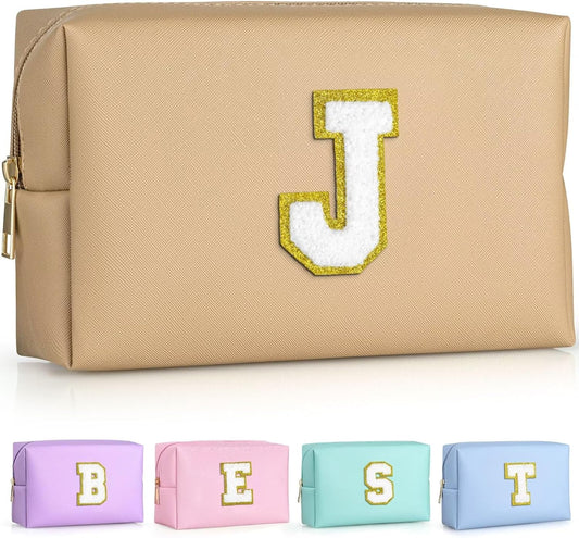 TOPEAST Birthday Gifts for Girls, Travel Makeup Bag Chenille Letter Pouch Cosmetic Bag, Makeup Travel Organizer, Monogrammed Bridesmaid Gifts for Women, Cute Stuff for Girls (Khaki J)