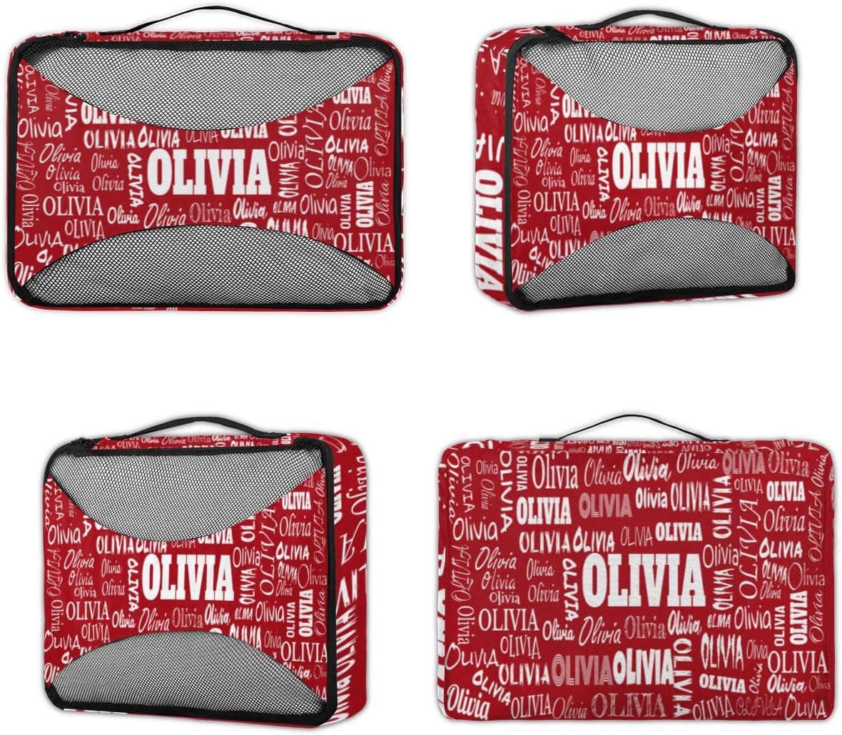 Custom Name 4 Pcs set travel luggage organizer Mesh Travel Essentials for Suitcases, Red