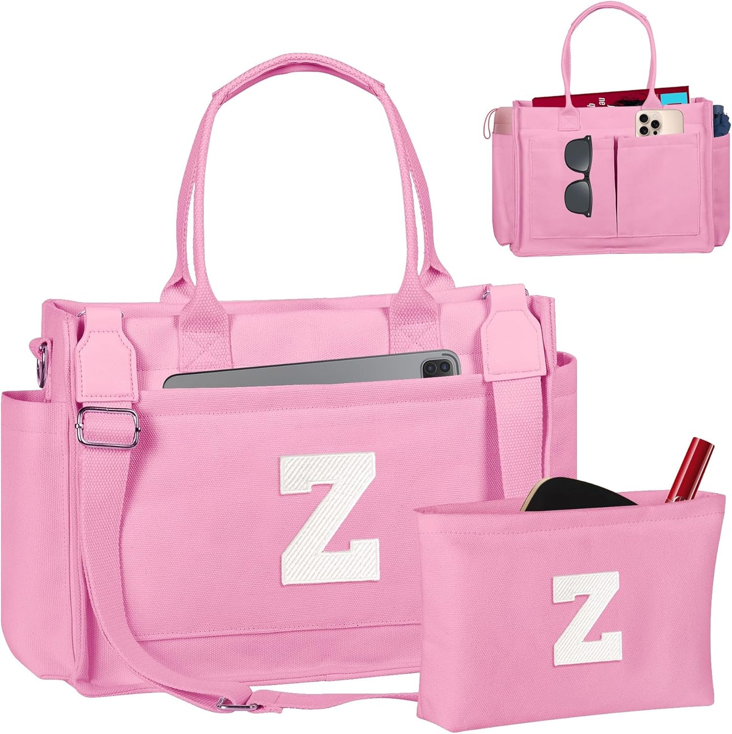 Gifts for Women Teen Girls, Initial Tote Bag with Zipper, Letter Canvas Tote Purse for College Work Laptop Beach
