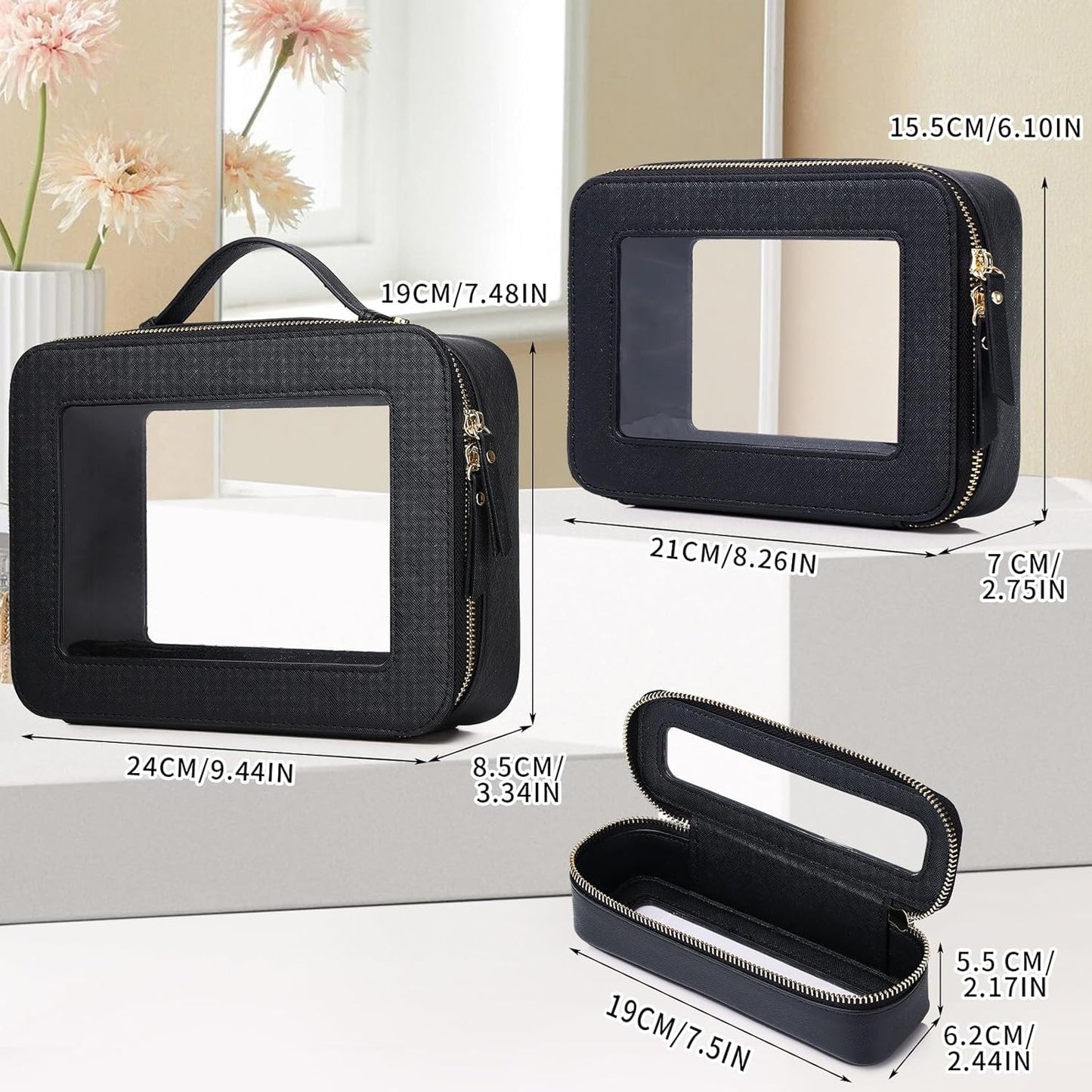 Travel Makeup Set Waterproof Transparent Cosmetic Bag and Toiletry Bag Makeup Brush case with Zipper Car Essentials for Women (Black, L+M+SLIM)