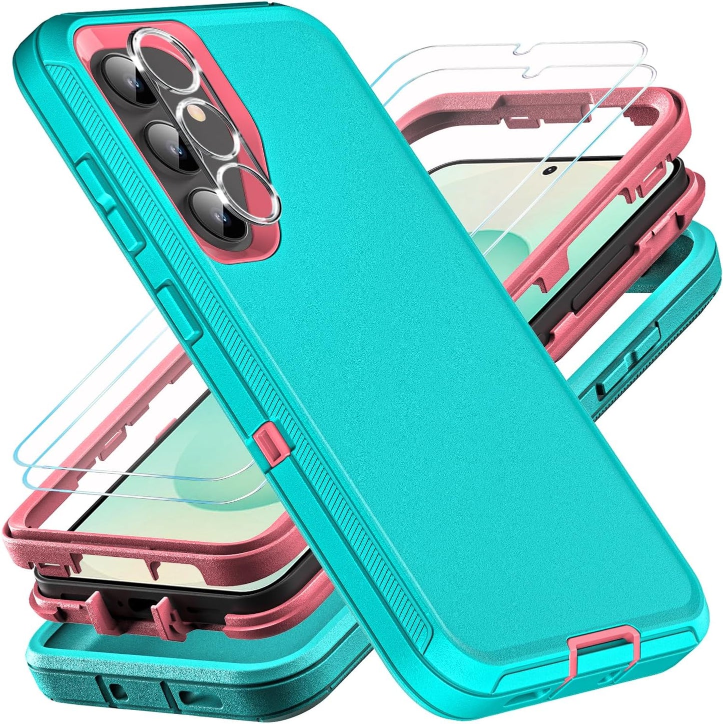 for Samsung Galaxy S25 Plus Case, Military Grade Heavy Duty Shockproof/Drop Proof/Dust Proof Case with 2Pcs Tempered Glass Screen Protector & 1PcsCamera Lens Protector (Aqua Blue/Pink)