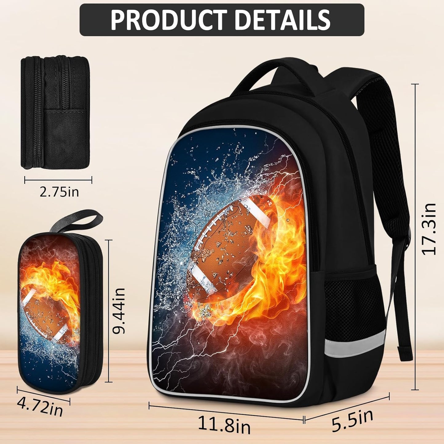 School Backpack for Boys - 4pcs Ameriacn Football Boys Backpack with Lunch Box and Pencil Case for Kids Children Teens Elementary Middle School - Students Bag for Ages 6-18,17″Bookbag Travel Back Pack