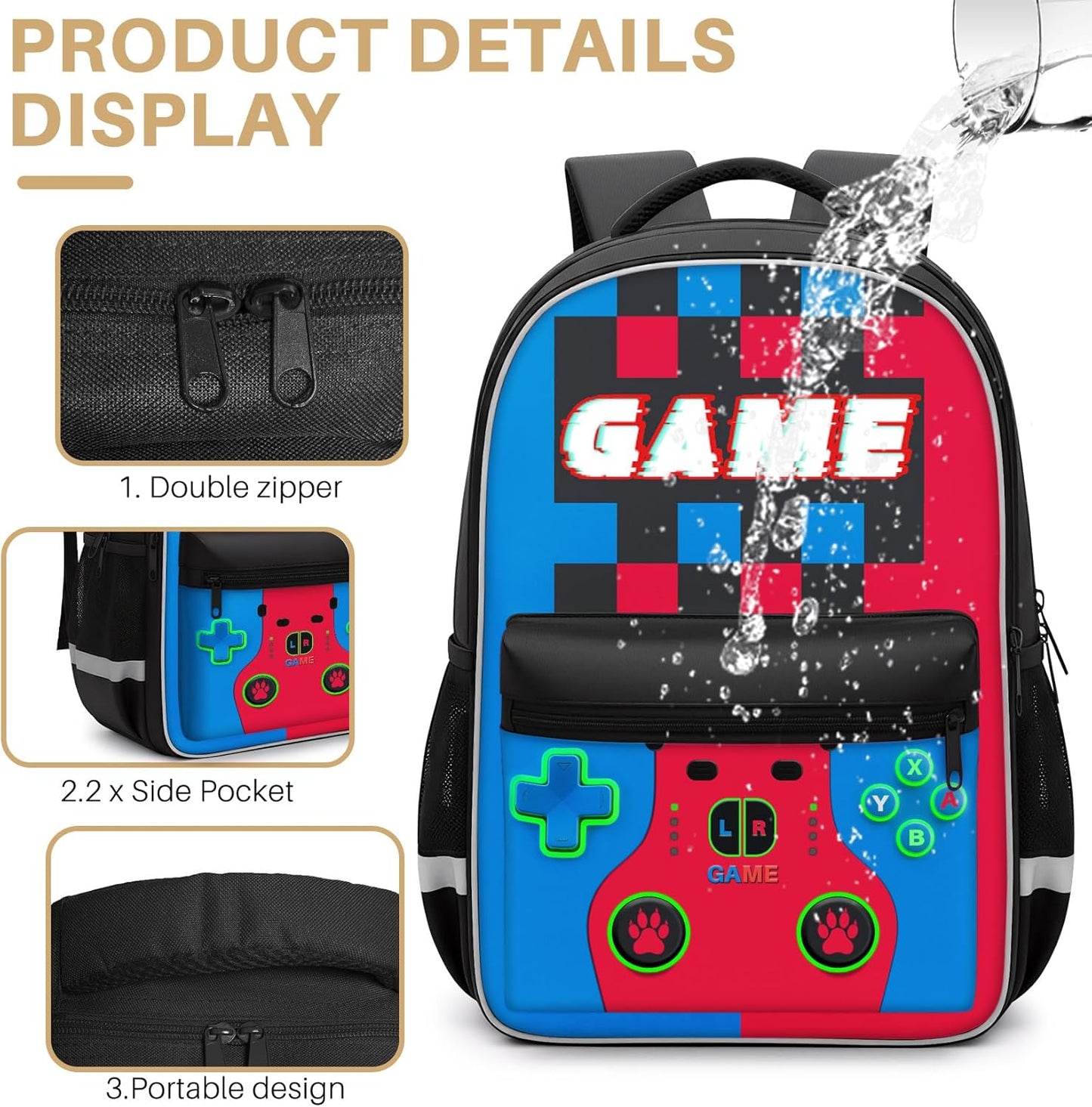Boys Gamer Backpack Set with Lunch Bag & Pencil Pouch - 3-in-1 Video Game Backpack for Children Teen Boys, Big 17 Inch School Bookbag for Middle Elementary College