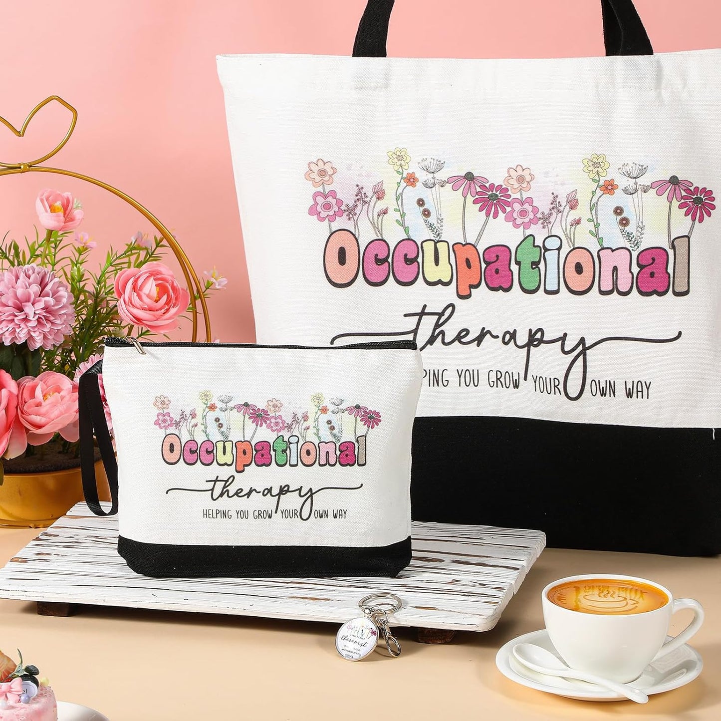 Kacctyen 3 Pcs Occupational Therapy Gifts Canvas Tote Bag Mental Healthy Makeup Cosmetic Bag Psychology Appreciation Keychains OT Gifts for Women Therapists Birthday Christmas