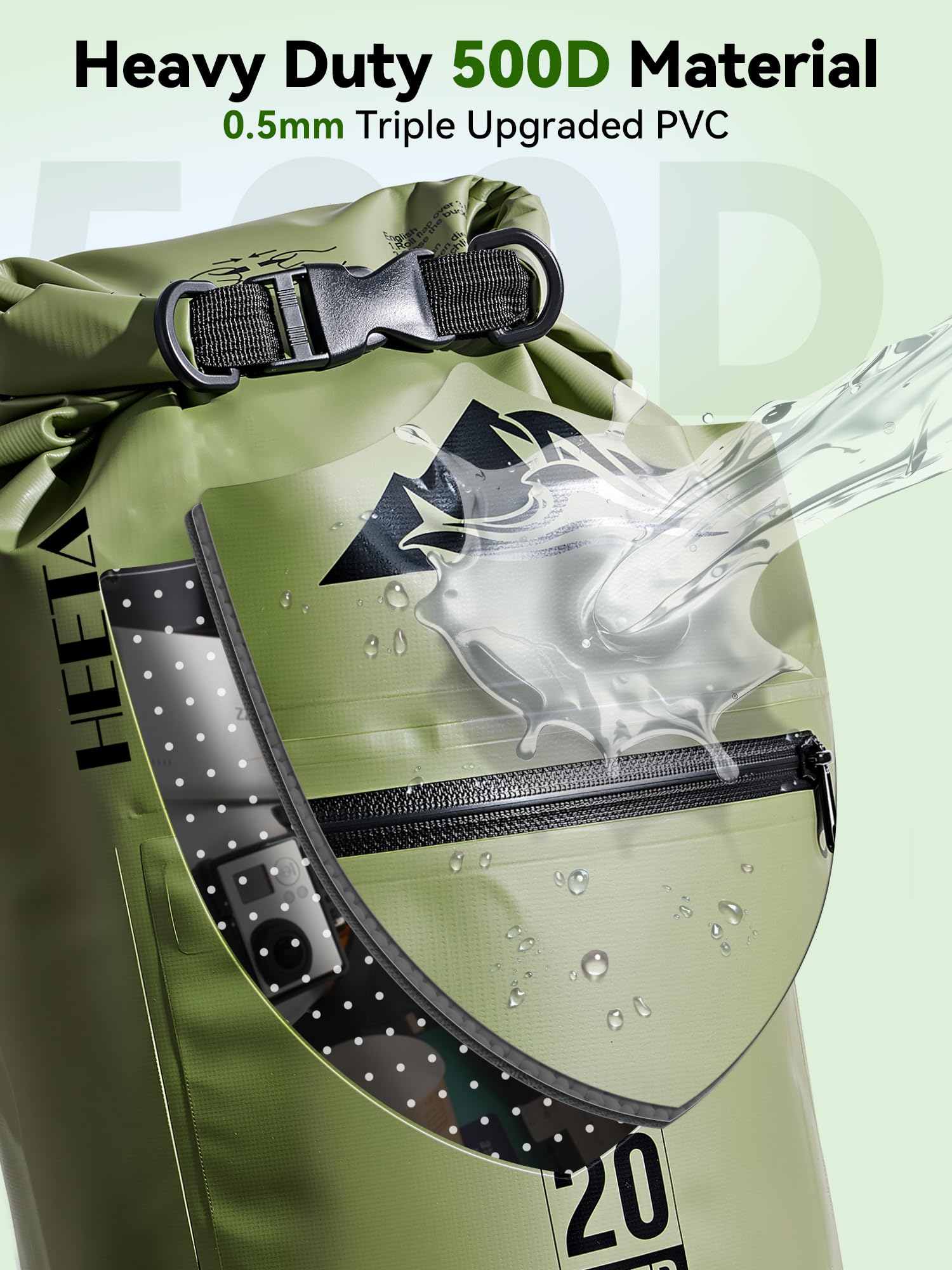 HEETA Waterproof Dry Bag with Front Zippered Pocket for Women Men, Roll Top Lightweight Dry Storage