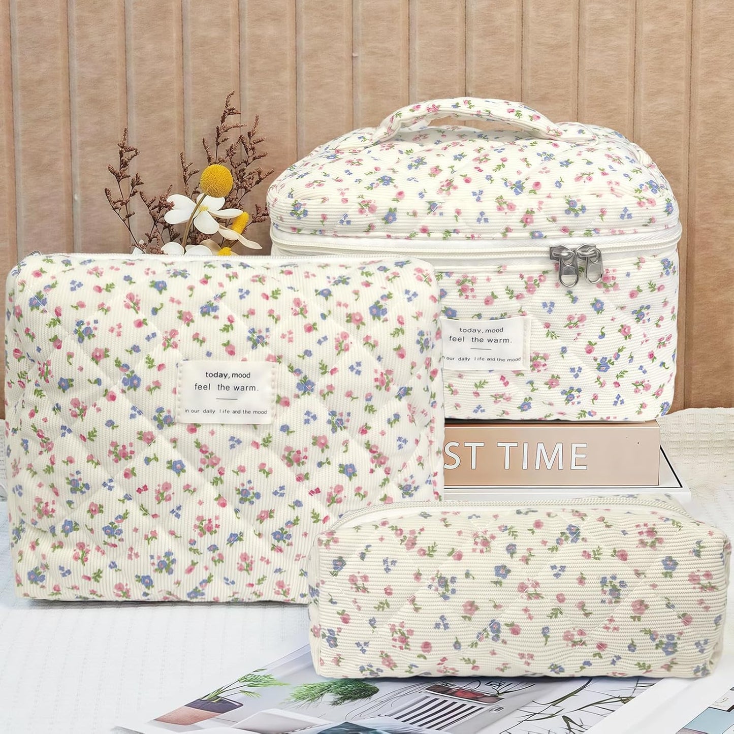 Quilted Makeup Bag, Large Capacity Travel Cosmetic Bag for Women and Girls, Aesthetic Storage for Daily and Travel Use (3pcs- Pinkditsyfloral)