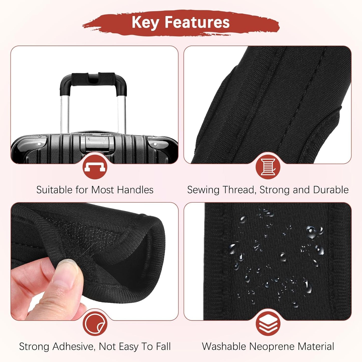 Luggage Handle Wrap [5PCS] - Neoprene Luggage Identifiers Hollow Design Use for Push-Button Suitcase & Trolley Case - [Black-6IN/15CM] Comfort Grip Handle Cover