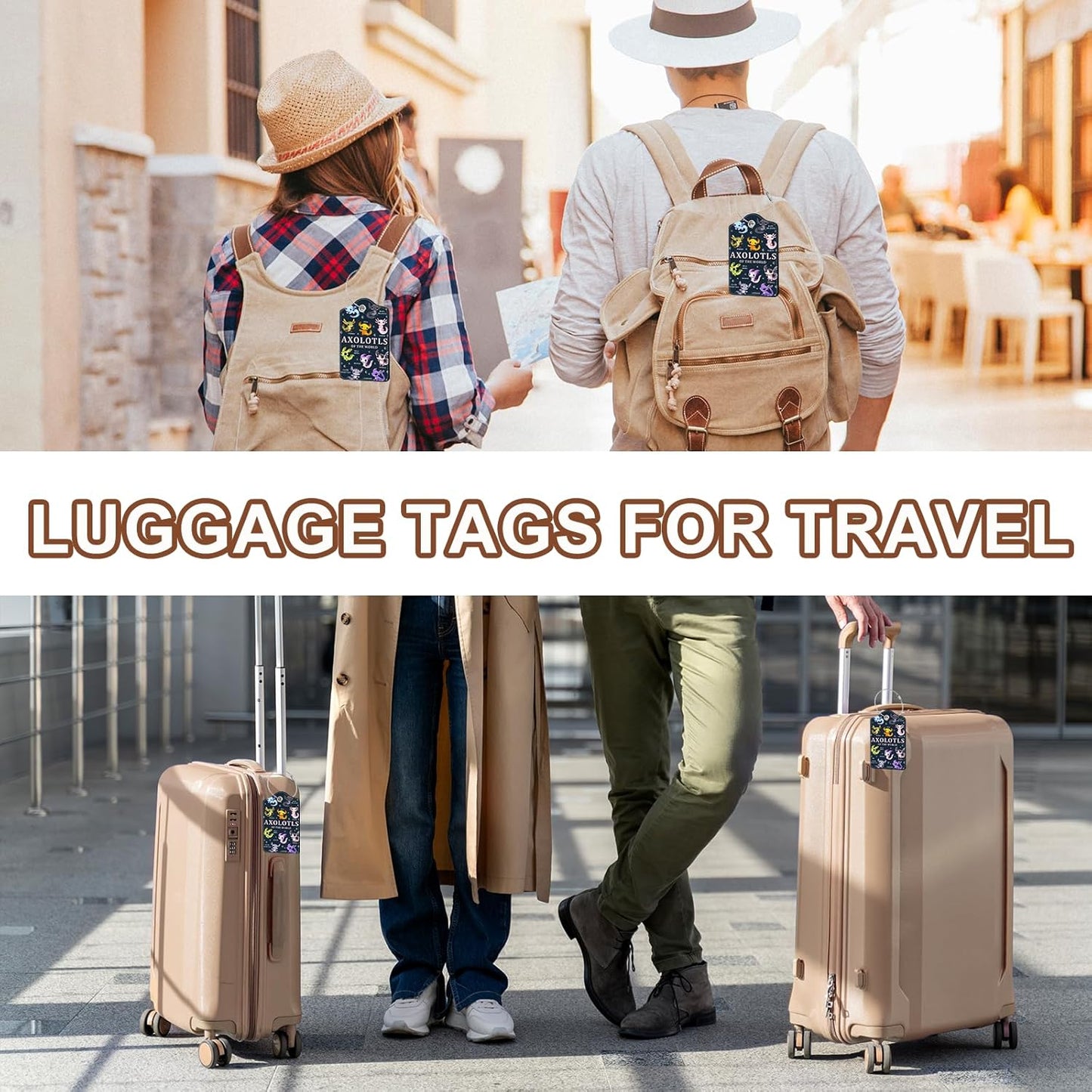 2 Pcs Axolotl Luggage Tags for Suitcase, Leather Luggage Tags Cute, Privacy Cover ID Label with Stainless Steel Loop & Address Card, Axolotl Travel Bag Tag Luggage Accessories for Suitcases