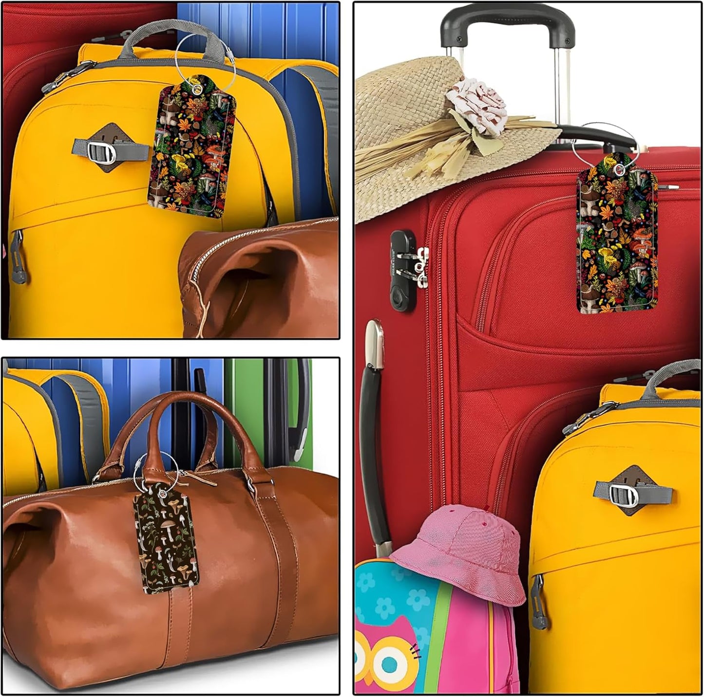 Psychedelic Mushrooms PU Leather Luggage Tags for Suitcase, Butterflies Insects Travel Cruise 2 Pack with Privacy Flap, Name ID Label and Metal Loop for Women Men Girls Baggage Bag