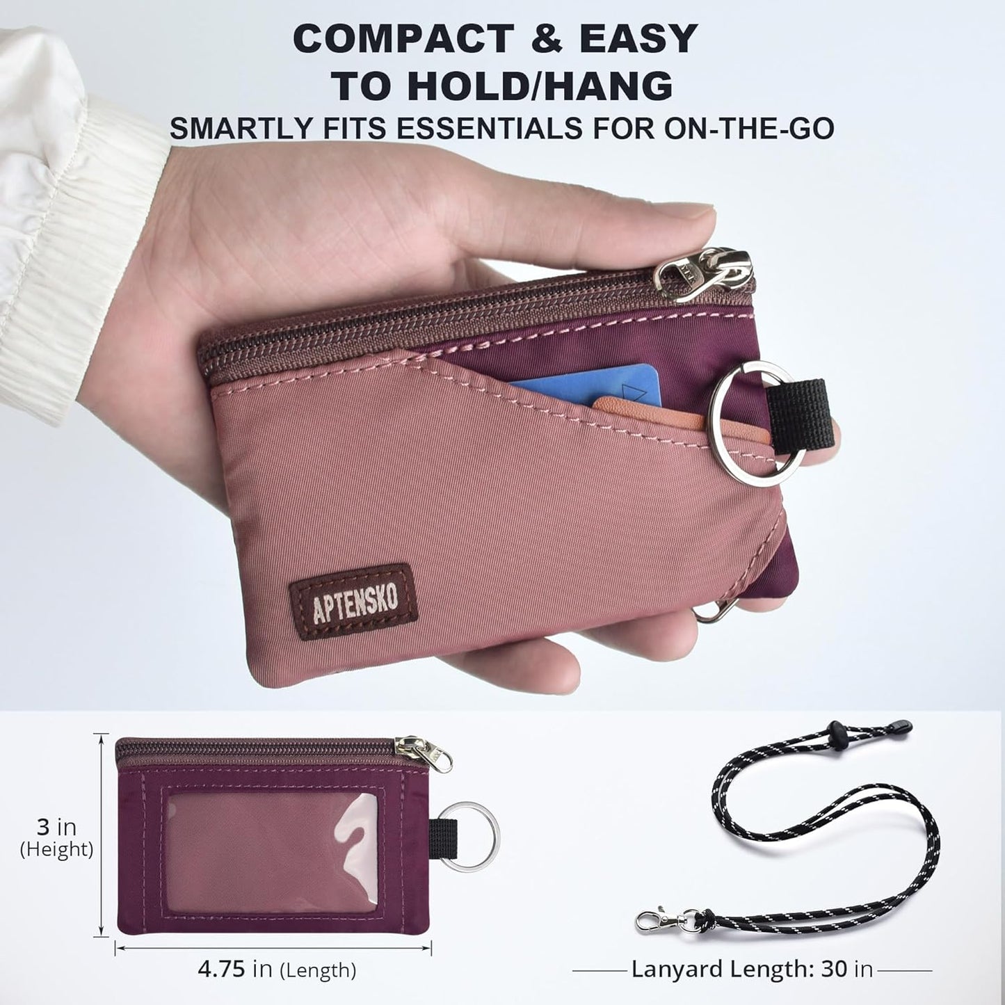 RFID Travel Wallet with Adjustable Lanyard-Zipper Small Wallet with ID Card Holder, Keychain for women&men-Minimalist Slim Waterproof Nylon case for ID, Cash, Key (Mauve+Plum Wine)