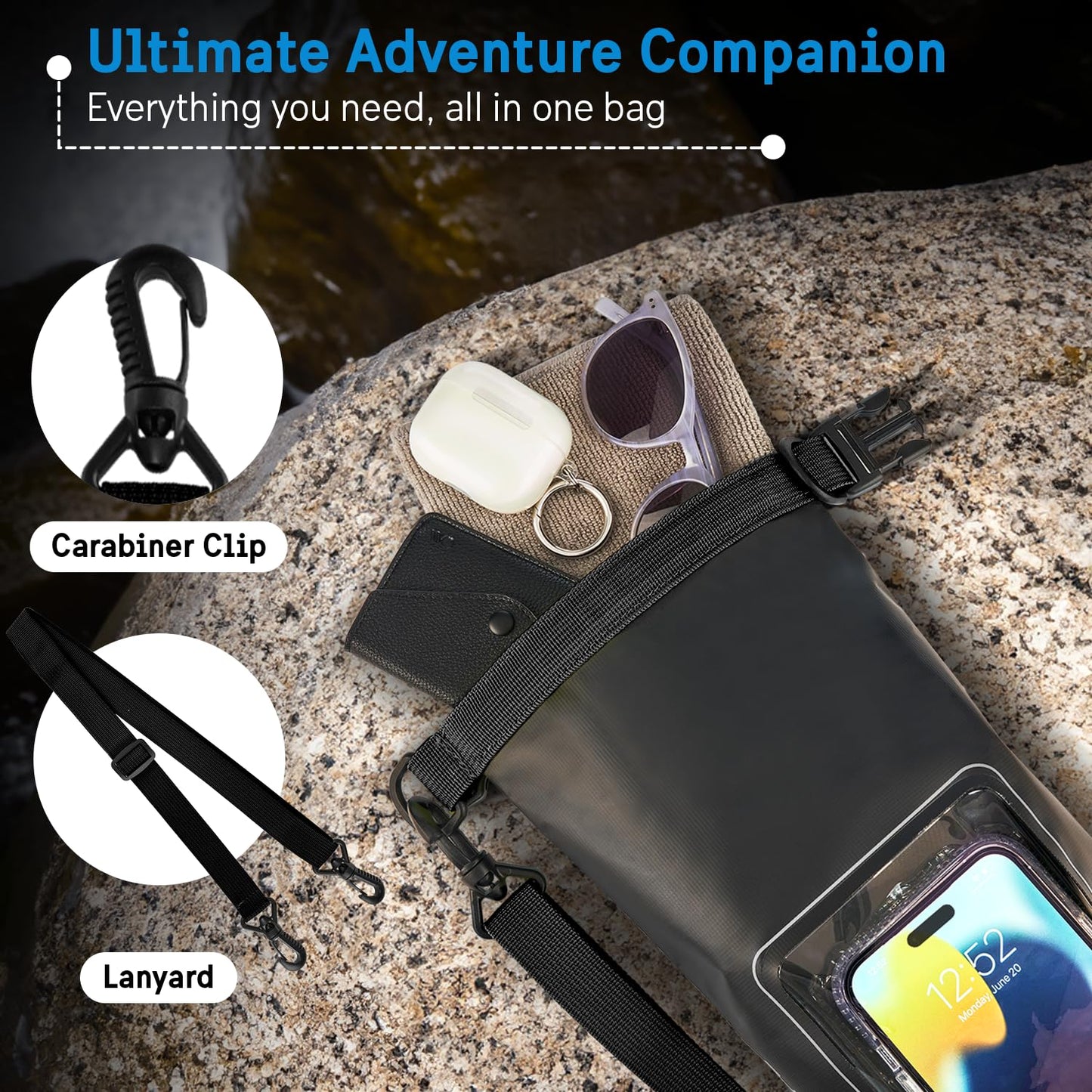 Pelican Marine IP68 Waterproof Dry Bag 2L with Phone Pouch/Case - Black
