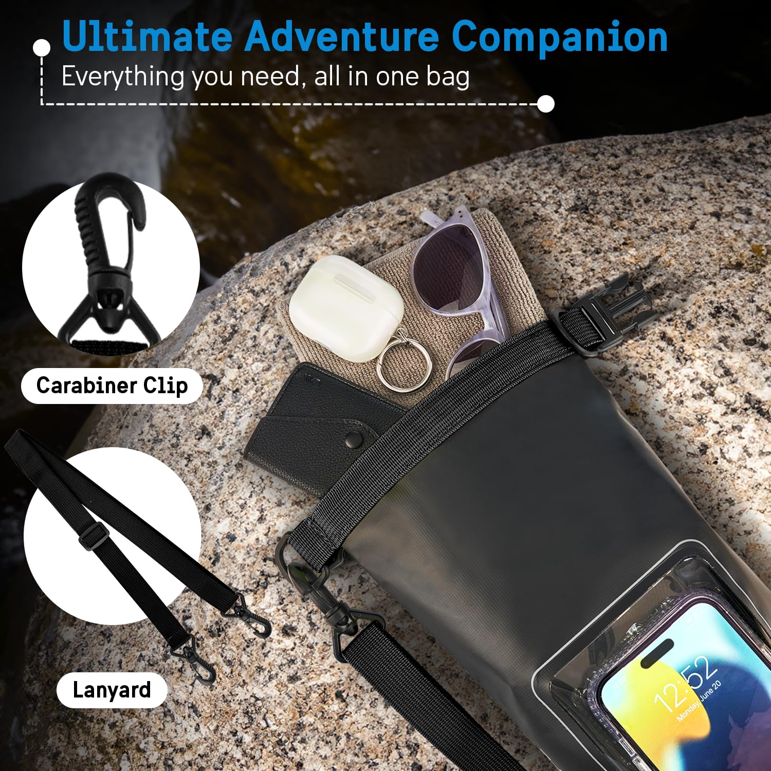 Pelican Marine IP68 Waterproof Dry Bag 2L with Phone Pouch/Case - Black