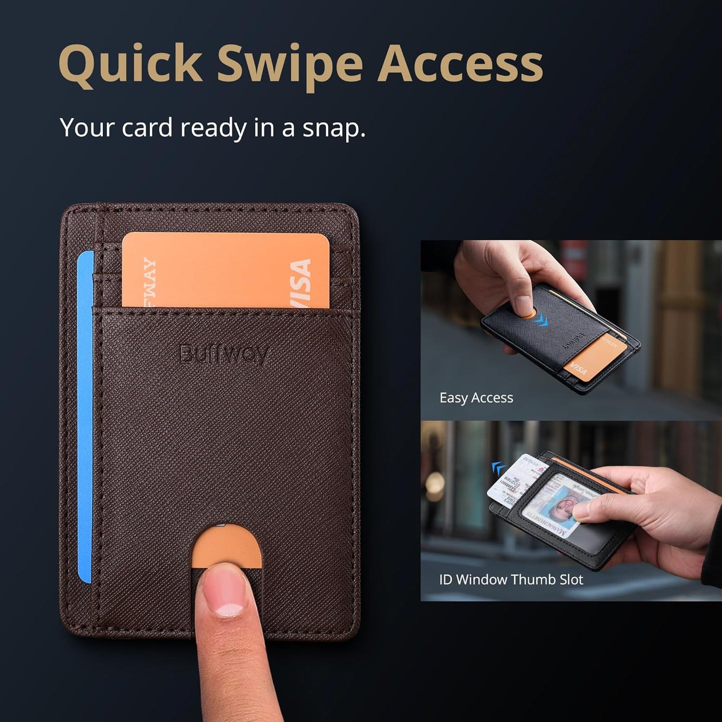 Buffway Slim Minimalist Front Pocket RFID Blocking Leather Wallets for Men and Women - Cross Coffee