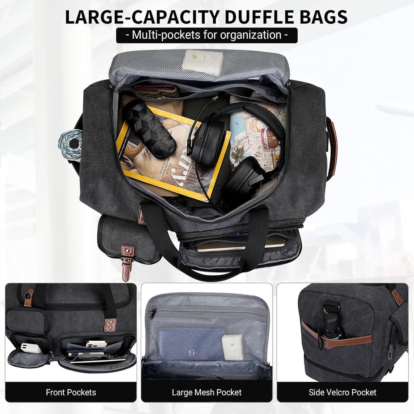 WITZMAN Canvas Weekender Bag Mens Overnight Bag for Traveling Carry on Duffle Bags with Shoes Compartment（A8010 Classic Black）