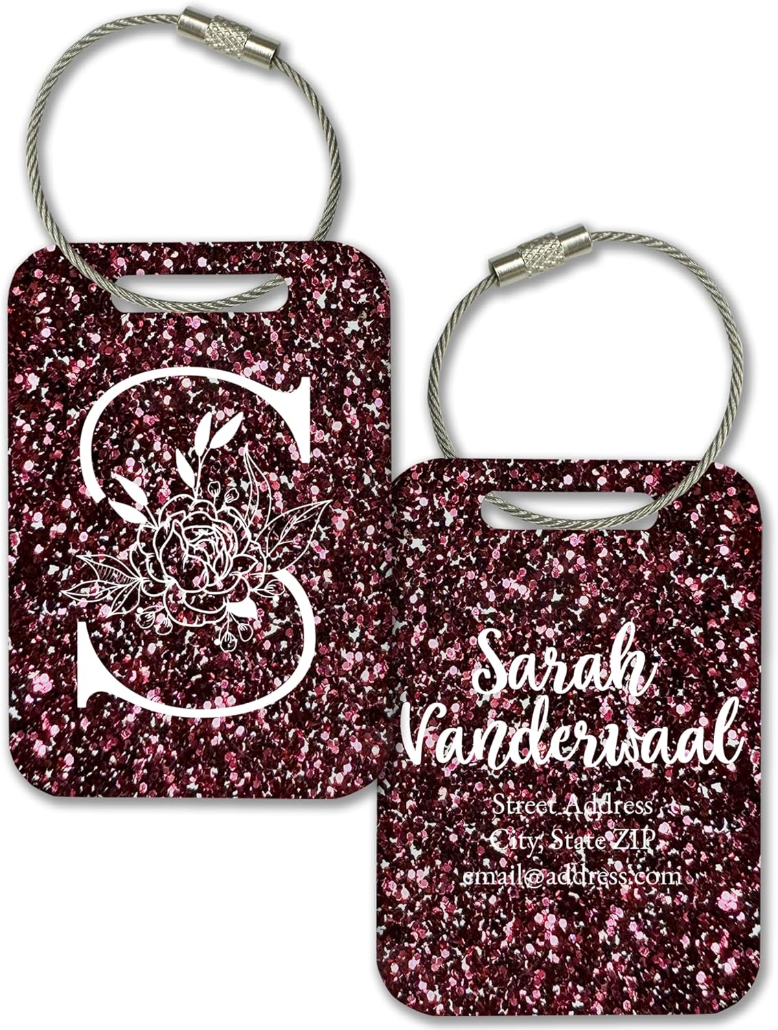 Personalized Monogram Name Tag for Luggage (3 or 6 Count Pack) | Custom Tag for Suitcase | Acrylic Name Tag for Travel | Choose Your Font & Color | Backpack ID Label (Monogram, Magenta Glitter)