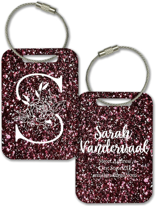 Personalized Monogram Name Tag for Luggage (3 or 6 Count Pack) | Custom Tag for Suitcase | Acrylic Name Tag for Travel | Choose Your Font & Color | Backpack ID Label (Monogram, Magenta Glitter)