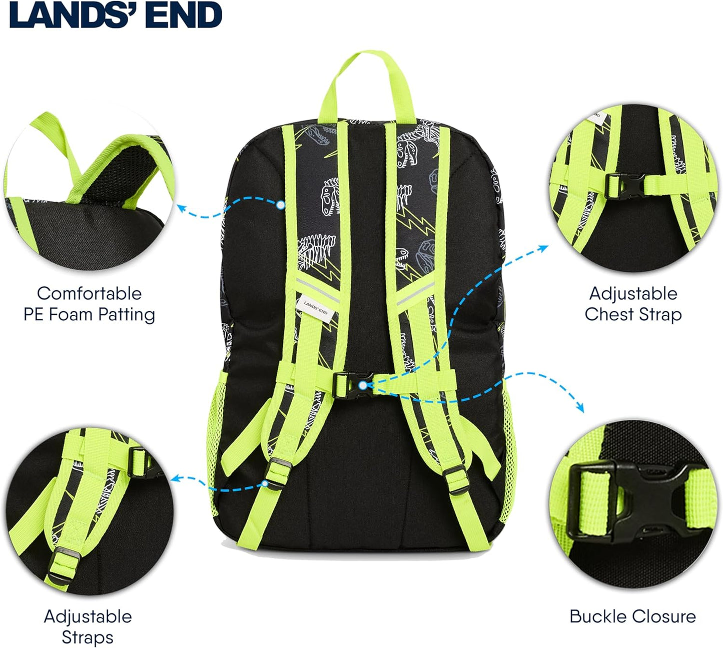 Lands' End Unisex Kids Large ClassMate Lightweight Durable Elementary School Backpack, Black Highlight