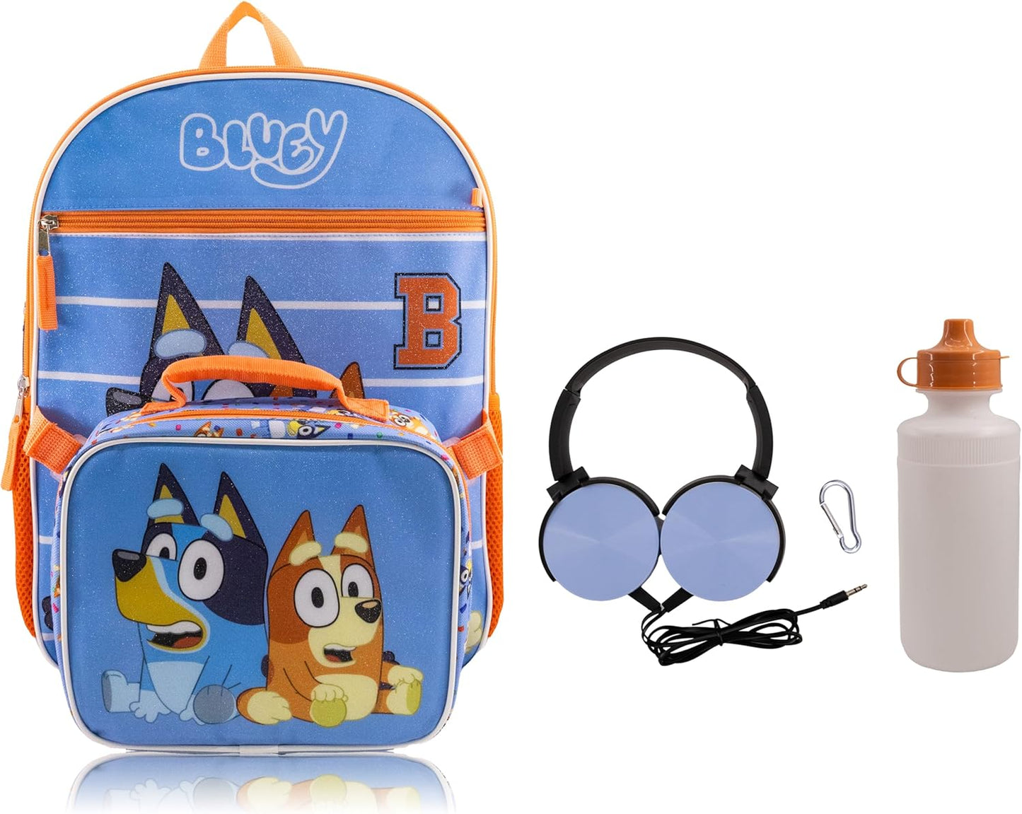 Bluey Backpack With Lunch Box for Kids | Insulated Lunch Bag Lunch Box for Boys, Girls, Toddlers | Backpack for School and Reusable Lunchbox with Matching Headphones and Water Bottle