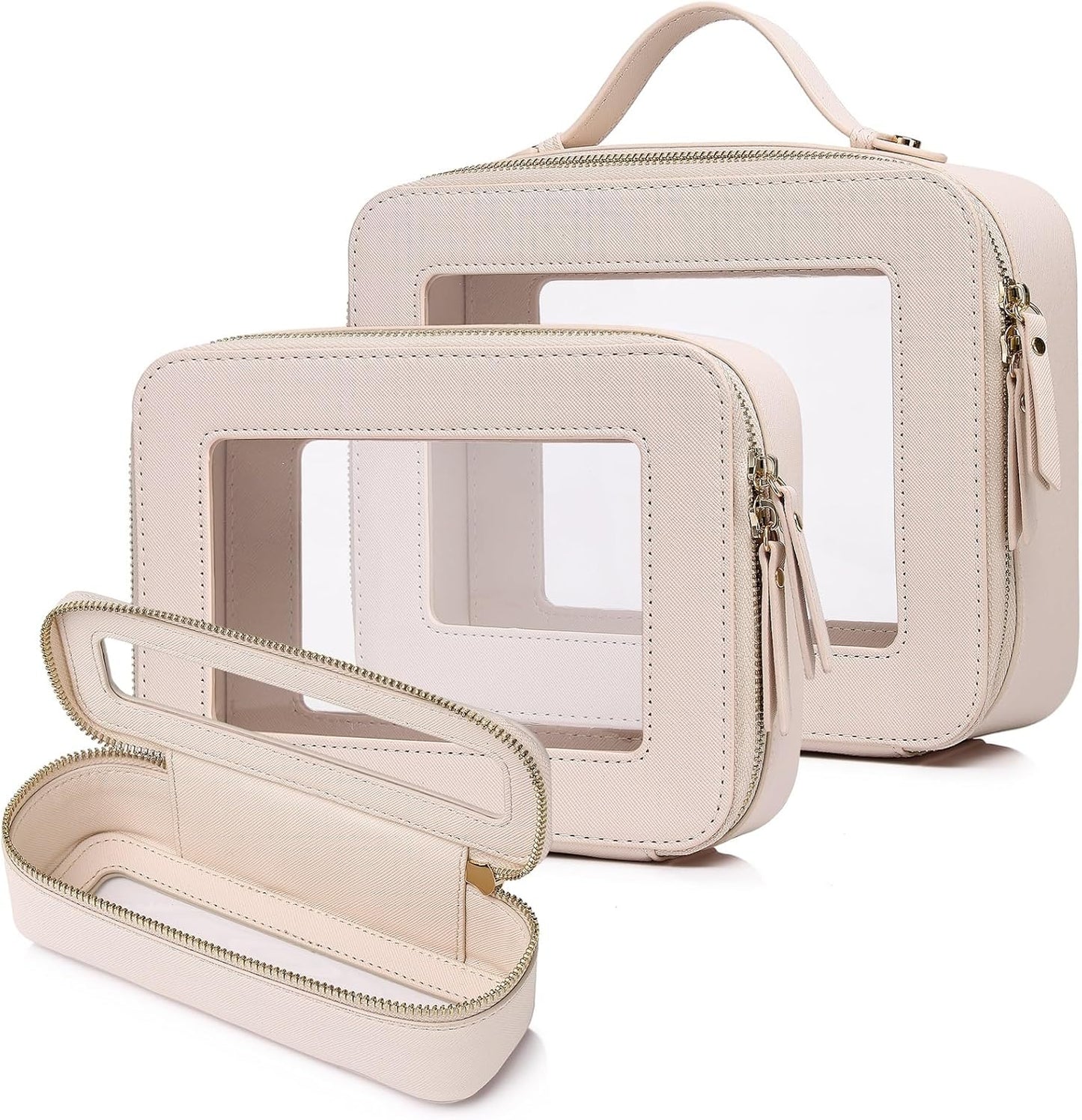 Travel Makeup Set Waterproof Transparent Cosmetic Bag and Toiletry Bag Makeup Brush case with Zipper Car Essentials for Women (Beige, L+M+SLIM)